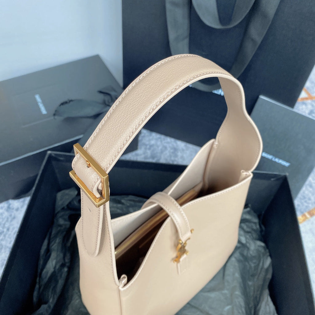 Saint Laurent Le 5 À 7 Small Supple 23 in Beige Lambskin Gold Buckle Bag