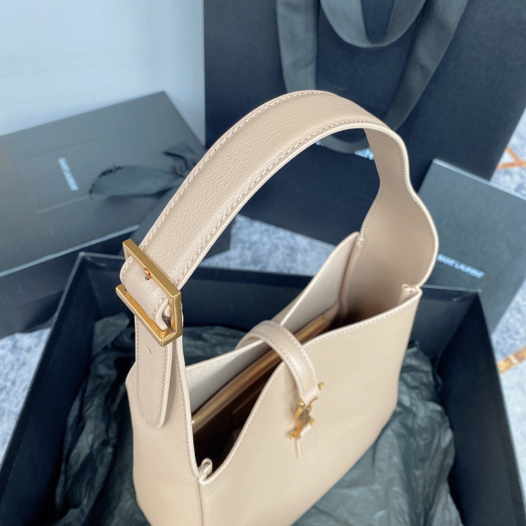 Saint Laurent Le 5 À 7 Small Supple 23 in Beige Lambskin Gold Buckle Bag