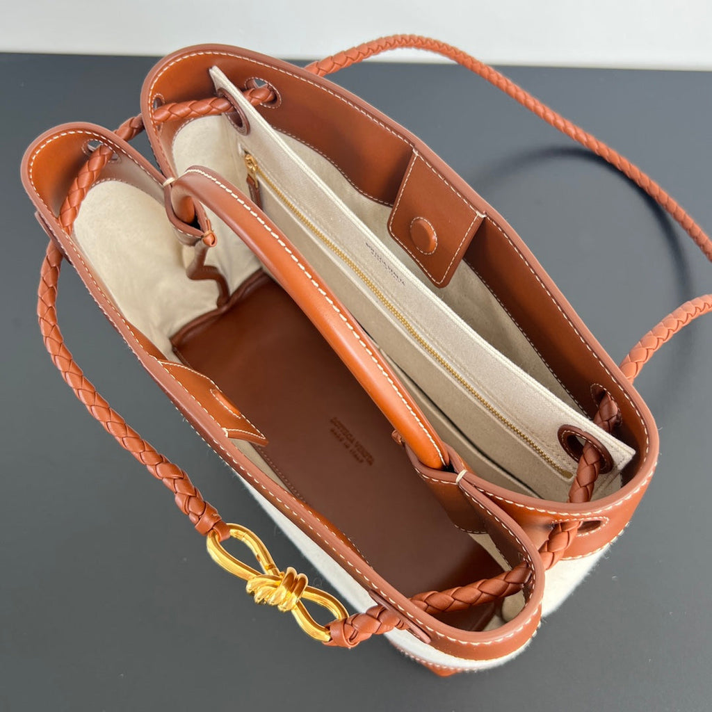 Bottega Veneta Medium Andiamo 32 in White Brown Calfskin and Canvas Bag