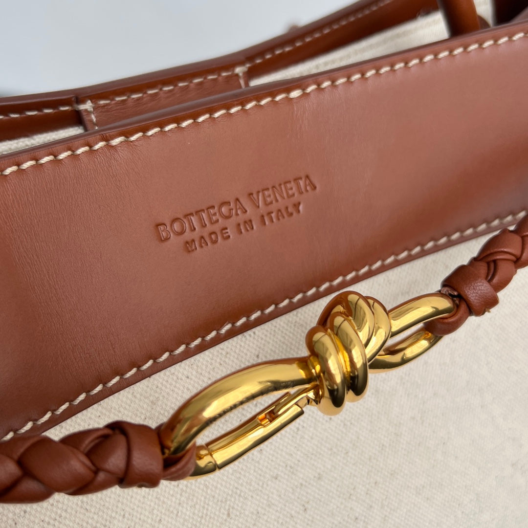 Bottega Veneta Medium Andiamo 32 in White Brown Calfskin and Canvas Bag