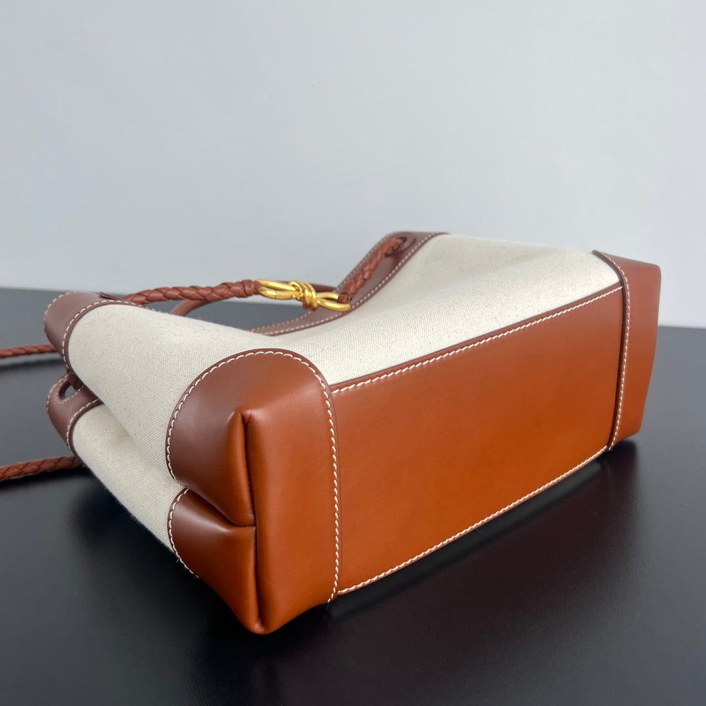 Bottega Veneta Medium Andiamo 32 in White Brown Calfskin and Canvas Bag