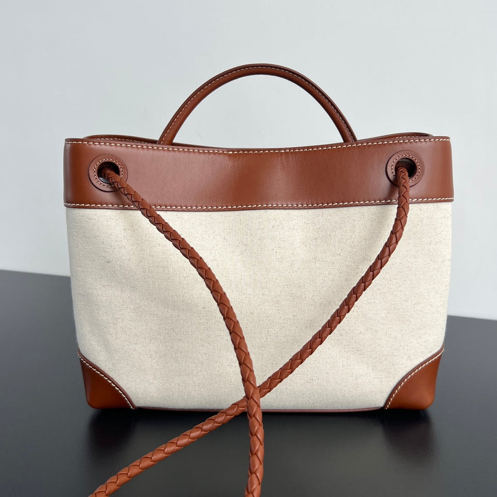 Bottega Veneta Medium Andiamo 32 in White Brown Calfskin and Canvas Bag