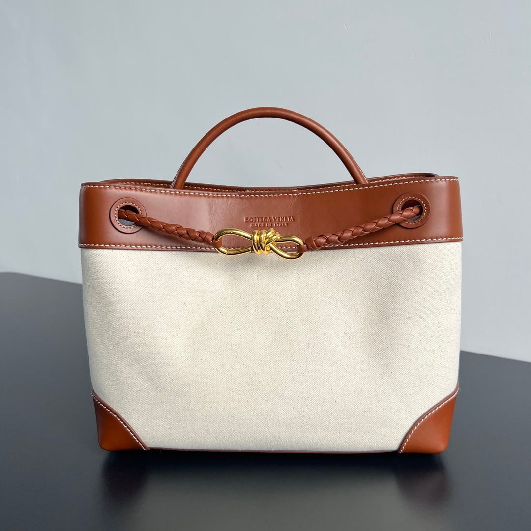 Bottega Veneta Small Andiamo 25 in White Brown Calfskin and Canvas Bag