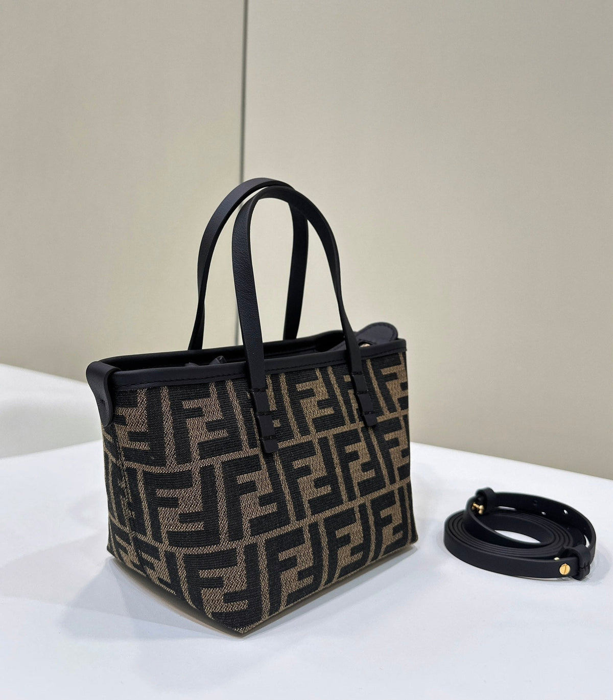 Fendi Mini Roll Bag 15 Black Mix Brown Ff Jacquard Fabric