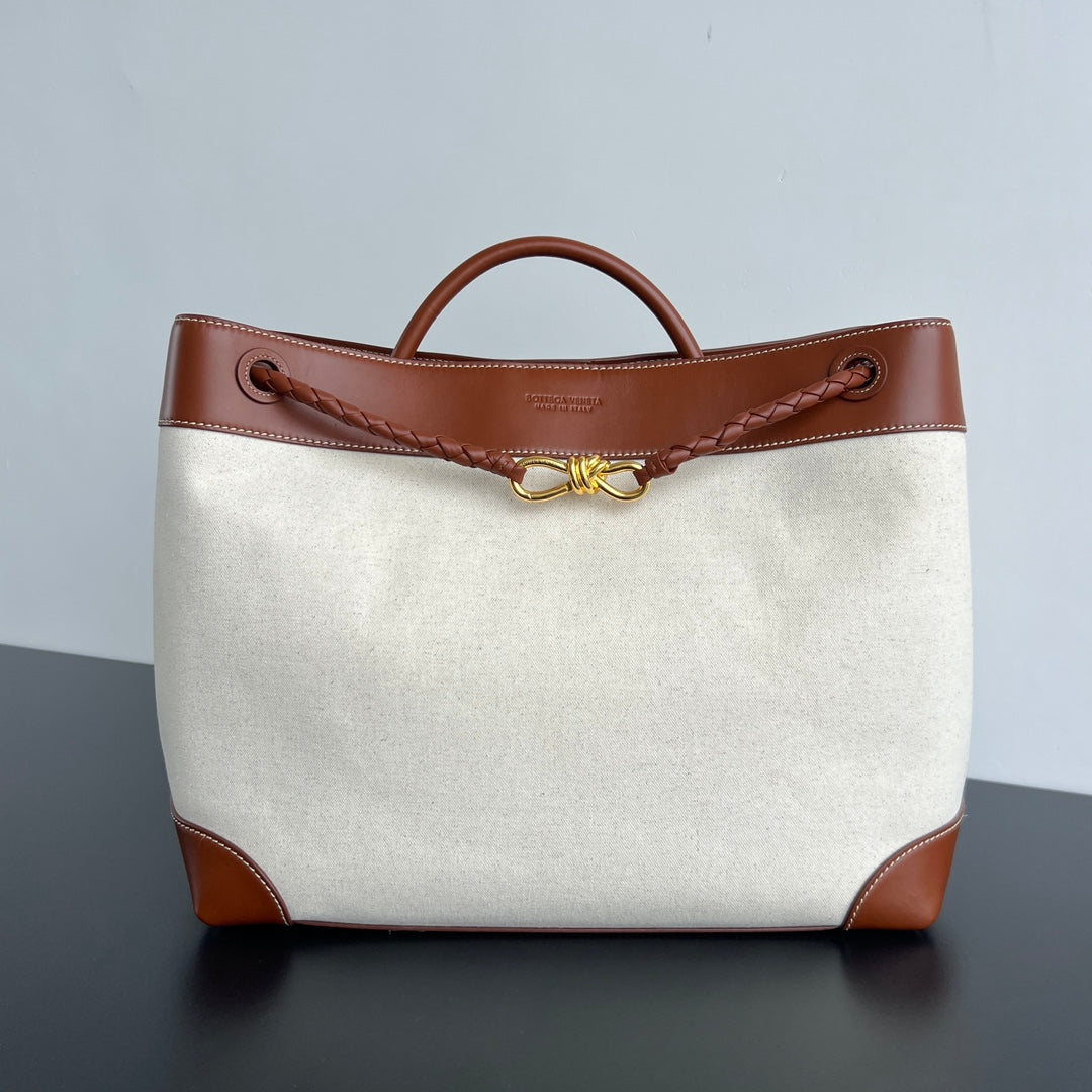 Bottega Veneta Large Andiamo 42 in White Brown Calfskin and Canvas Bag