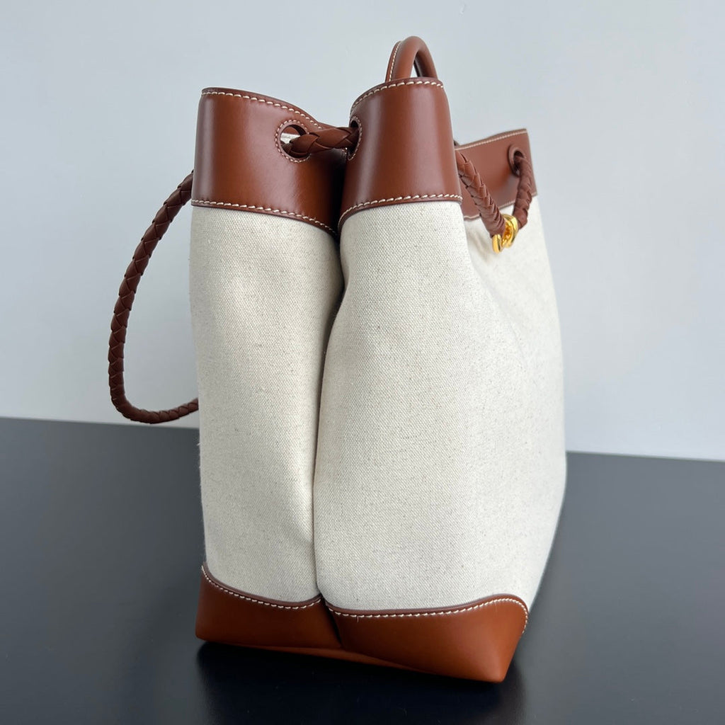 Bottega Veneta Large Andiamo 42 in White Brown Calfskin and Canvas Bag