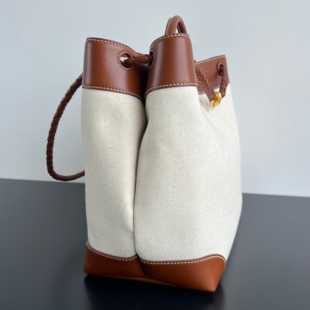 Bottega Veneta Large Andiamo 42 in White Brown Calfskin and Canvas Bag