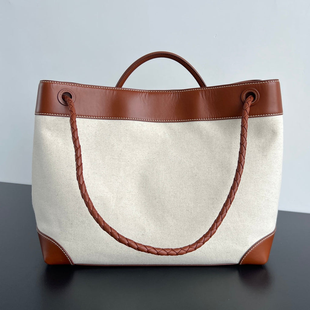 Bottega Veneta Large Andiamo 42 in White Brown Calfskin and Canvas Bag
