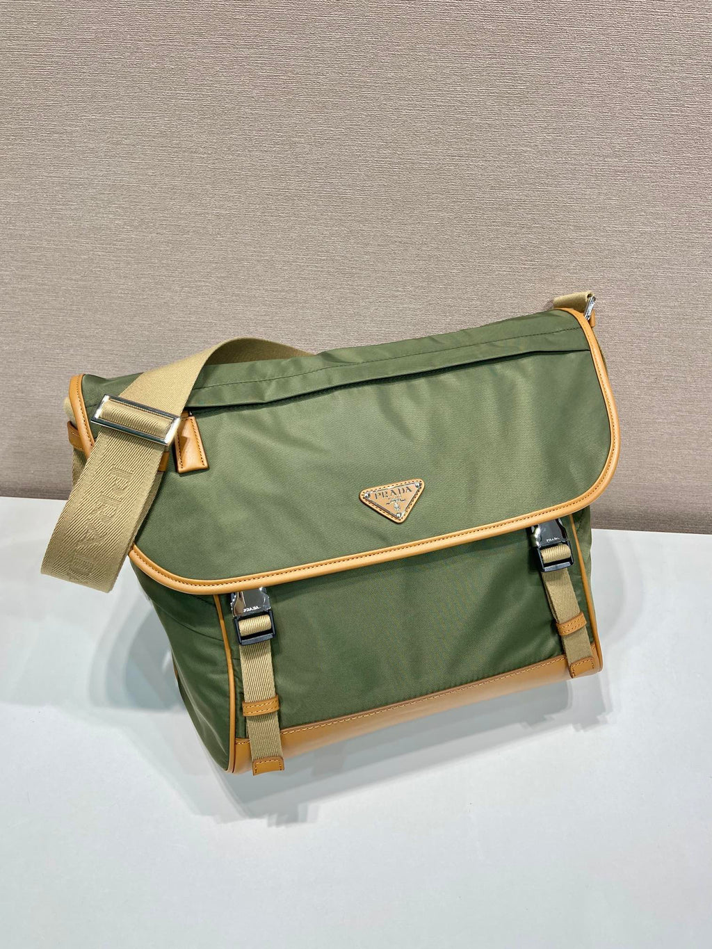 Prada Large Flap Bag 30 in Seaweed Green Re-Nylon and Brown Calfskin Trim