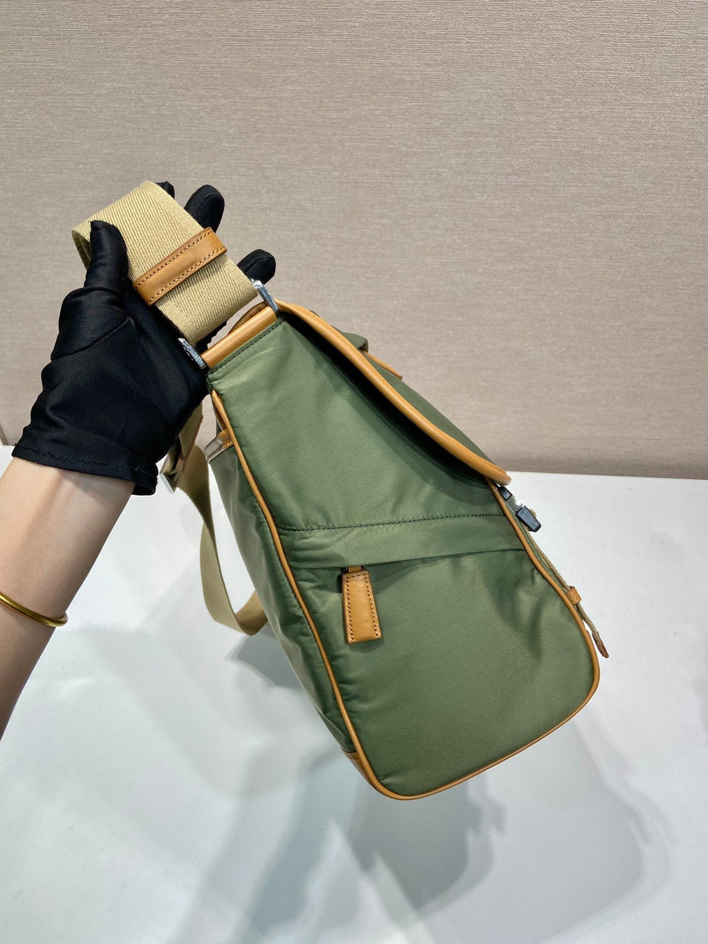 Prada Large Flap Bag 30 in Seaweed Green Re-Nylon and Brown Calfskin Trim