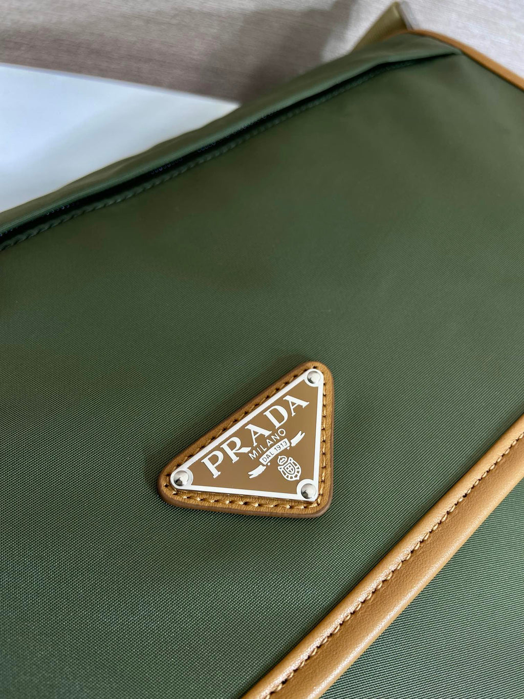 Prada Large Flap Bag 30 in Seaweed Green Re-Nylon and Brown Calfskin Trim
