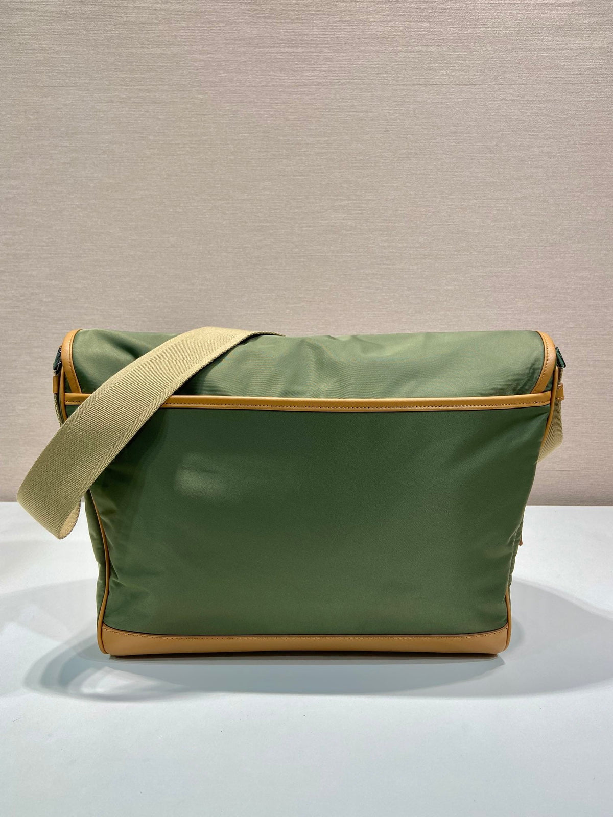 Prada Large Flap Bag 30 in Seaweed Green Re-Nylon and Brown Calfskin Trim