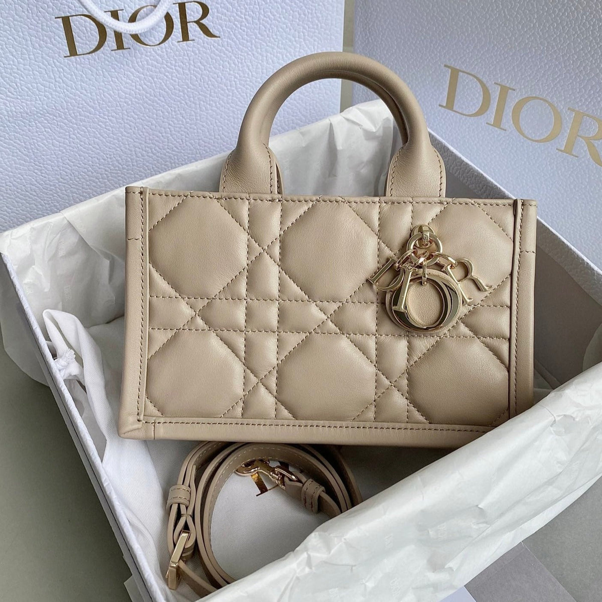 Dior Mini Book Tote 21 Beige Cream Maccrocannage Calfskin