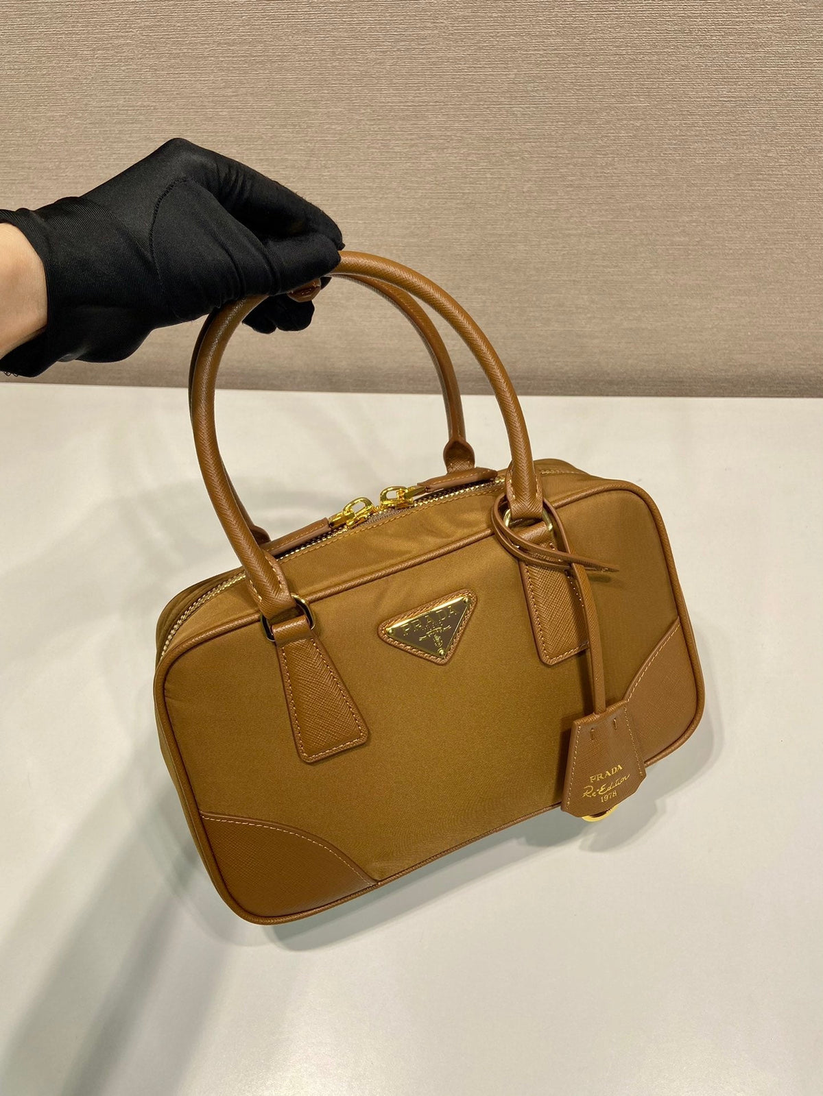 Prada Small Top Handle Bag 25 in Golden Brown Nylon and Calfskin Trim