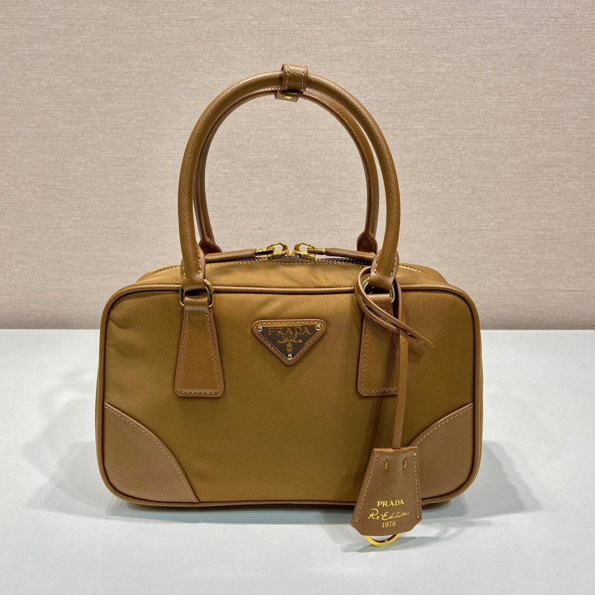 Prada Small Top Handle Bag 25 in Golden Brown Nylon and Calfskin Trim