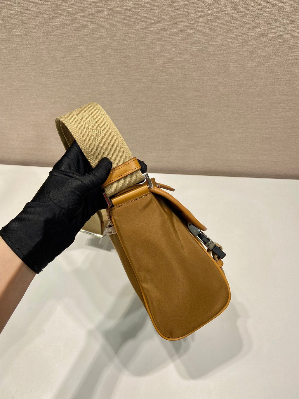 Prada Small Flap Bag 20 in Cider Brown Re-Nylon and Calfskin Trim