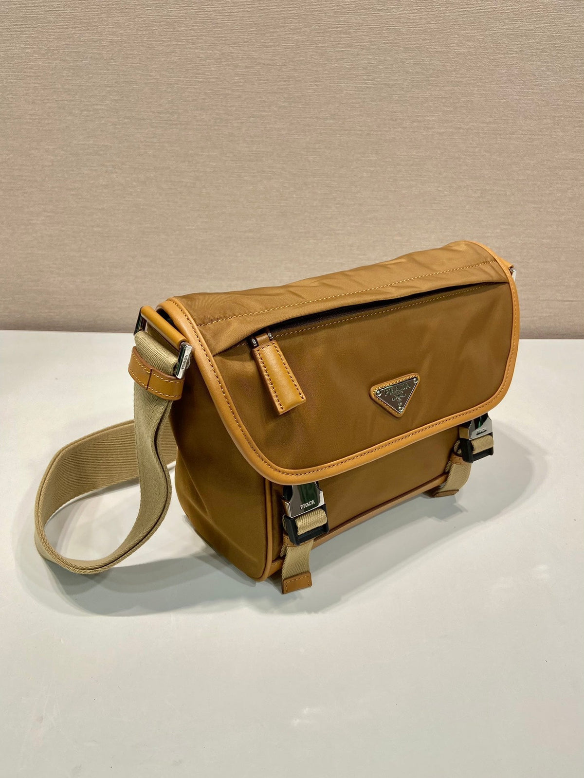 Prada Small Flap Bag 20 in Cider Brown Re-Nylon and Calfskin Trim