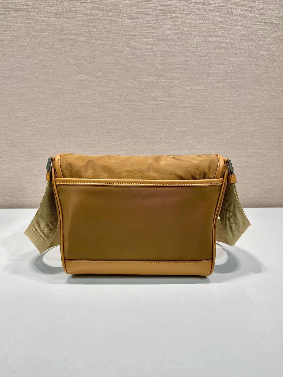 Prada Small Flap Bag 20 in Cider Brown Re-Nylon and Calfskin Trim