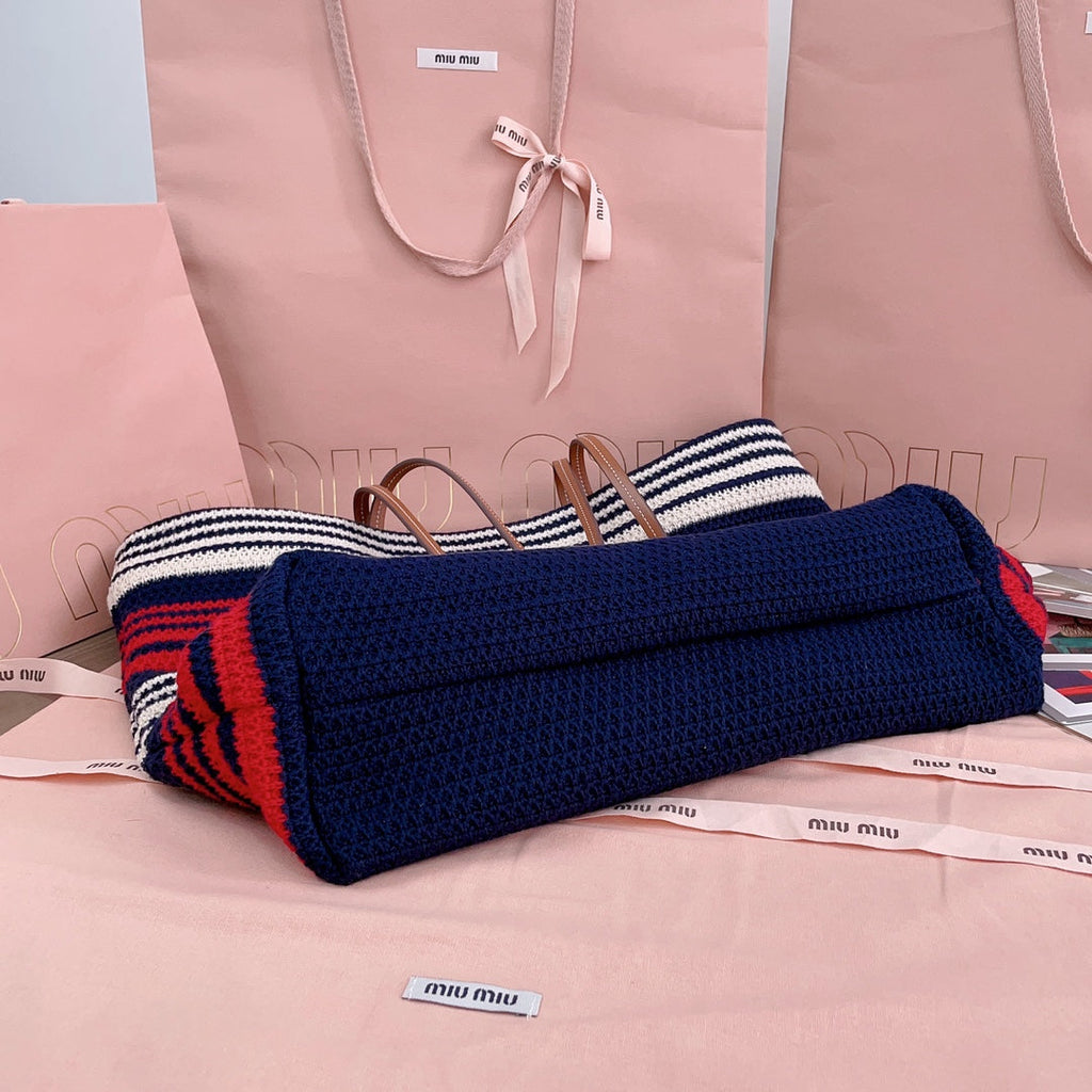 Large Shopping Bag 40 in Natural Mix Blue Woven Raffia Leather Strap