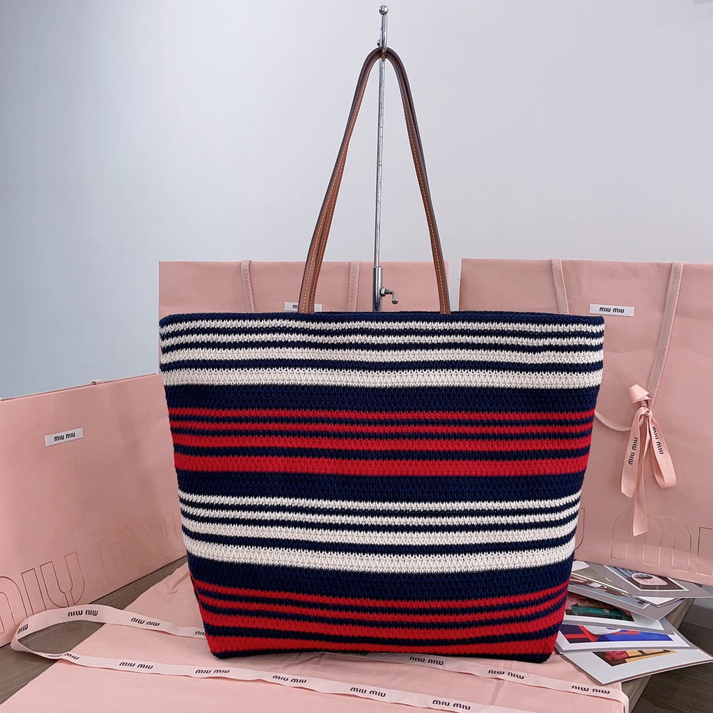 Large Shopping Bag 40 in Natural Mix Blue Woven Raffia Leather Strap