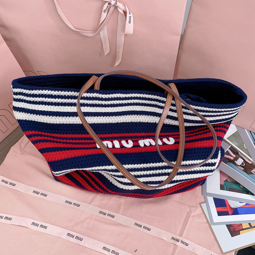 Large Shopping Bag 40 in Natural Mix Blue Woven Raffia Leather Strap