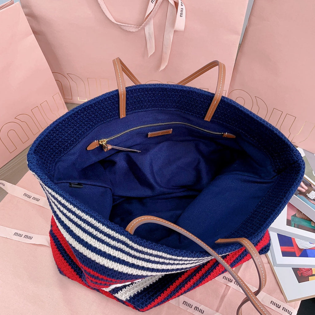 Large Shopping Bag 40 in Natural Mix Blue Woven Raffia Leather Strap