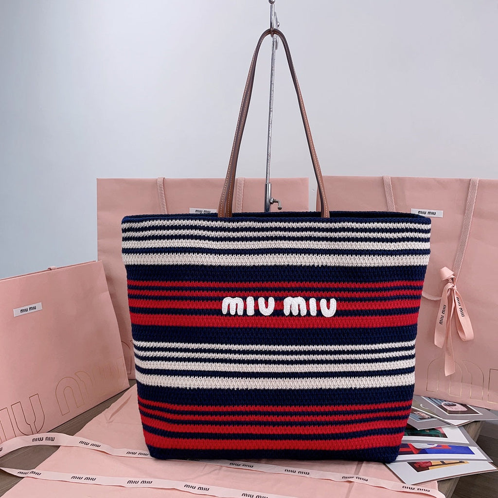 Large Shopping Bag 40 in Natural Mix Blue Woven Raffia Leather Strap