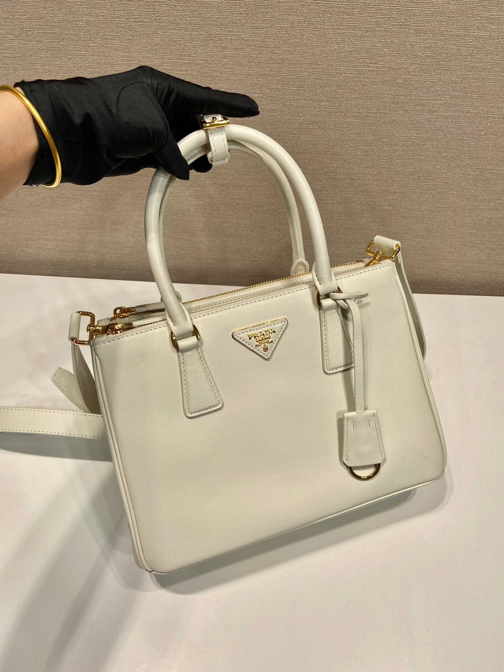 Prada Medium Galleria Bag 28 in White Smooth Calfskin Gold Hardware
