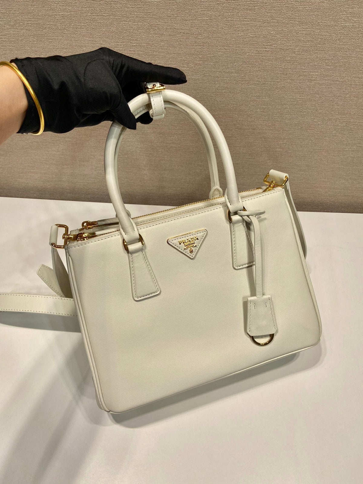 Prada Medium Galleria Bag 28 in White Smooth Calfskin Gold Hardware
