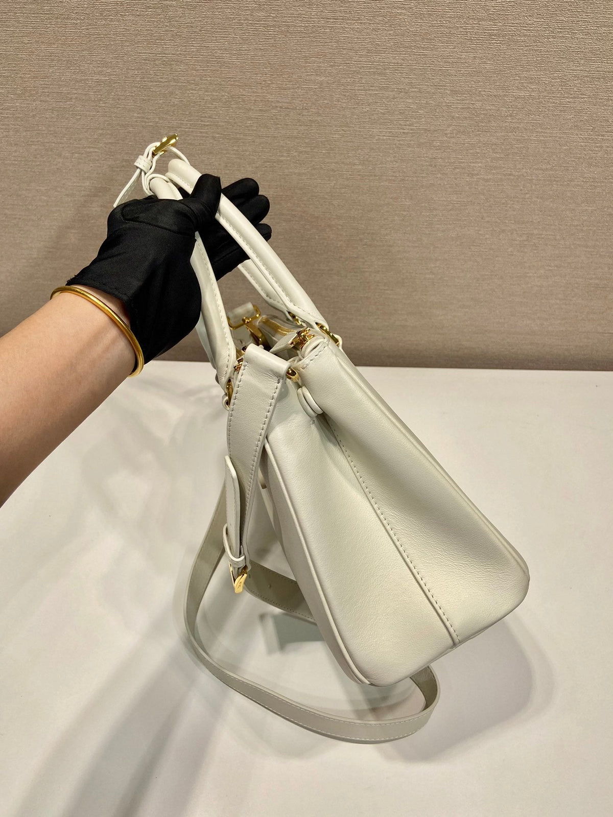 Prada Medium Galleria Bag 28 in White Smooth Calfskin Gold Hardware