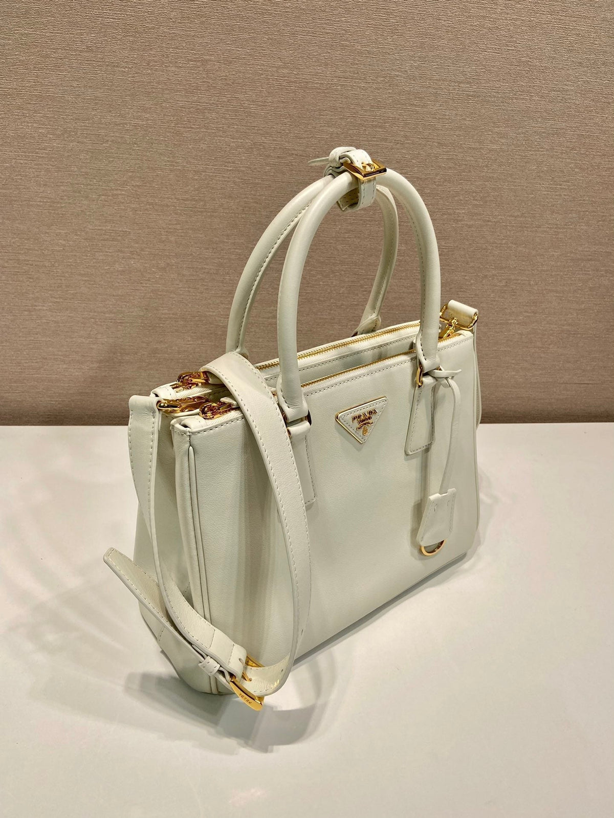 Prada Medium Galleria Bag 28 in White Smooth Calfskin Gold Hardware