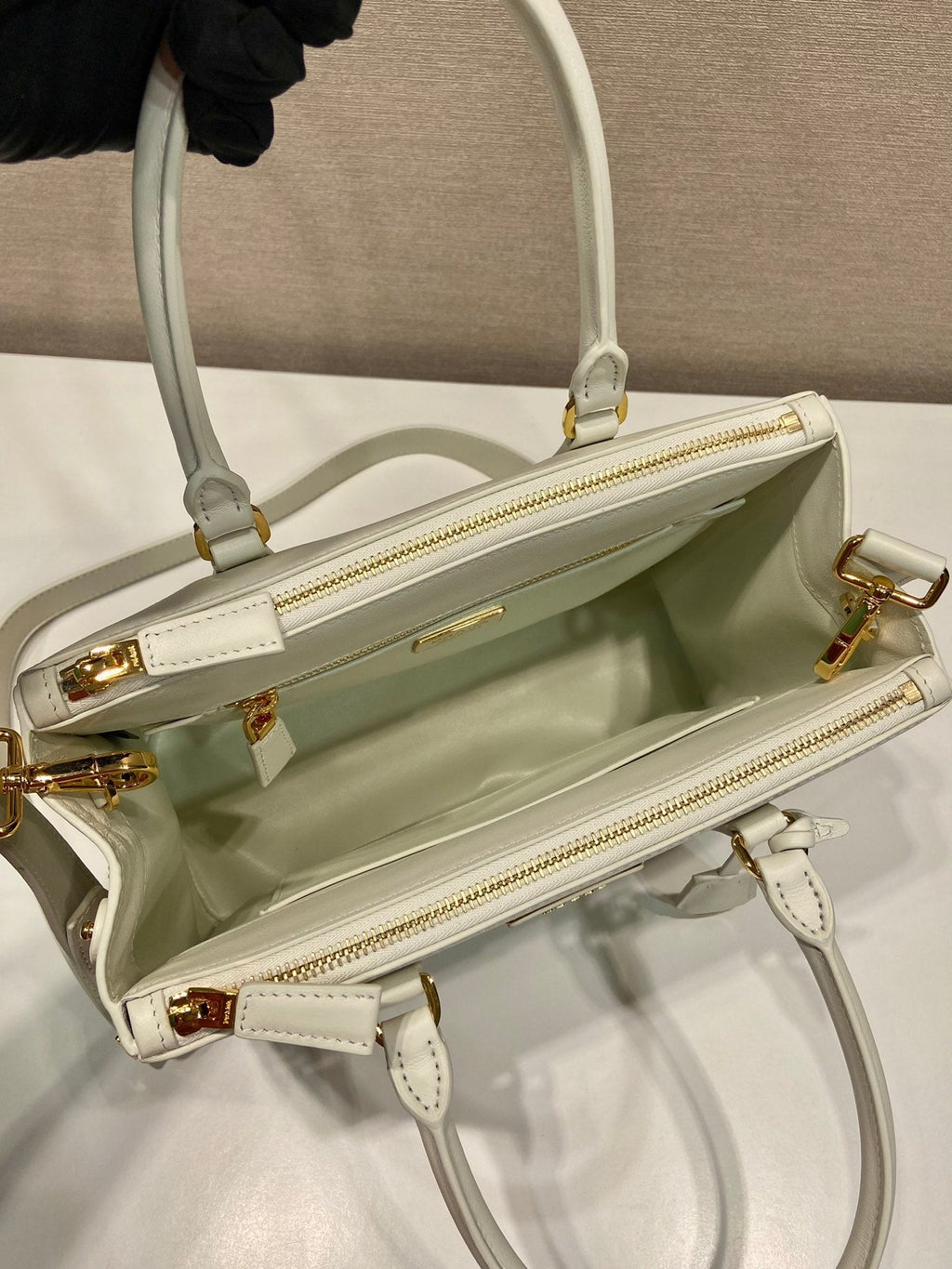 Prada Medium Galleria Bag 28 in White Smooth Calfskin Gold Hardware