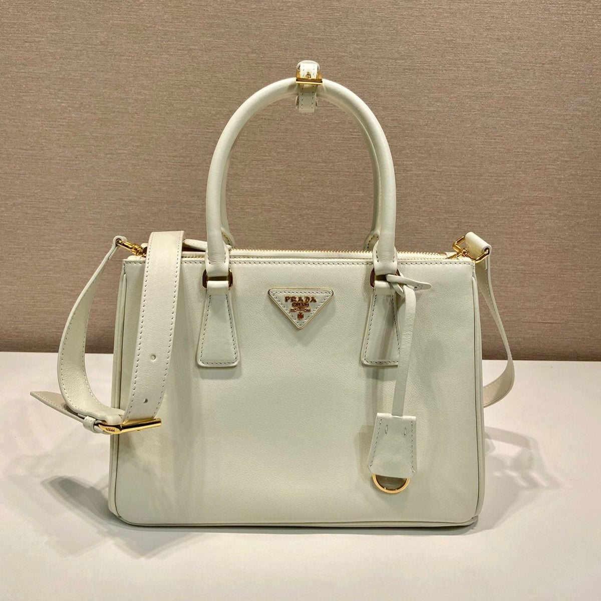 Prada Medium Galleria Bag 28 in White Smooth Calfskin Gold Hardware