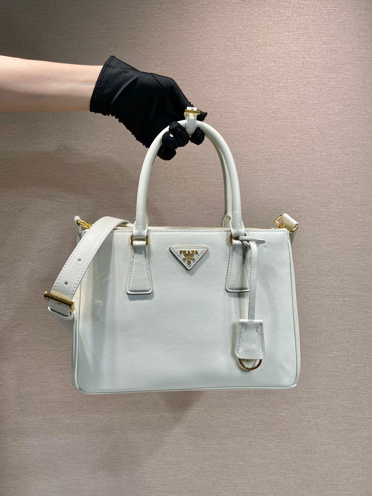 Prada Medium Galleria Bag 28 in White Smooth Calfskin Gold Hardware