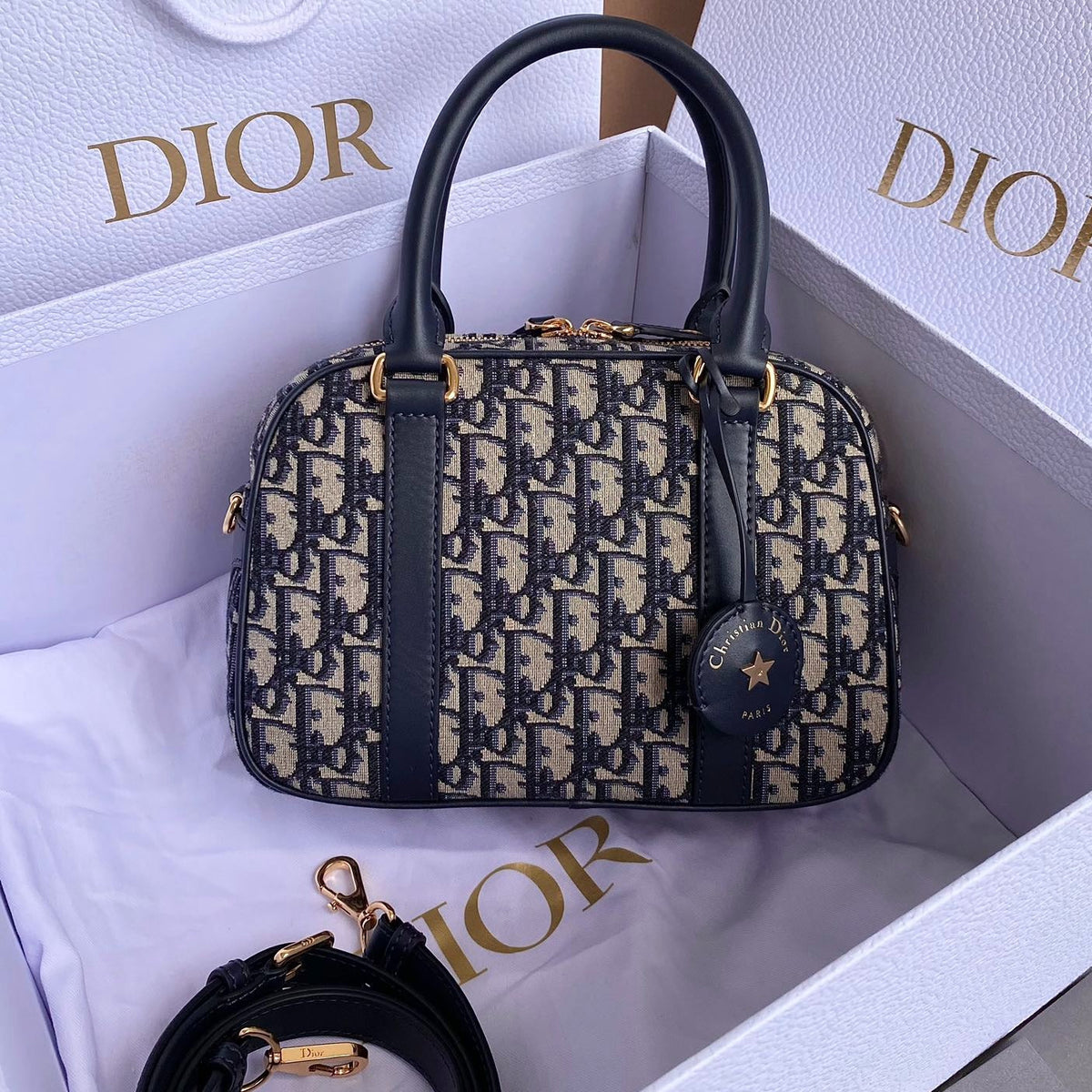 Dior Medium D-Vibe Bowling Bag 25 Blue Jacquard