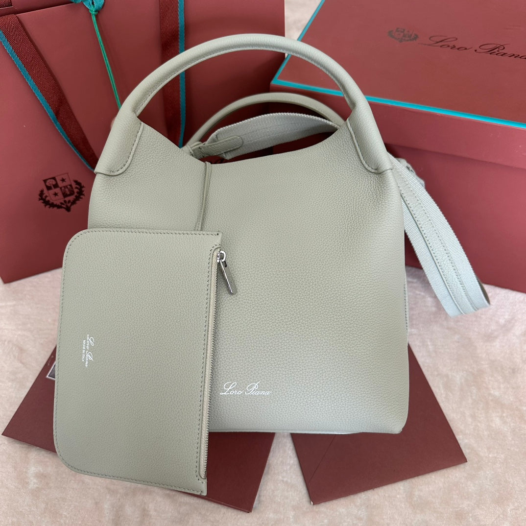 Loro Piana Large 36 Bale Bag in Pearl Gray Grained Calfskin