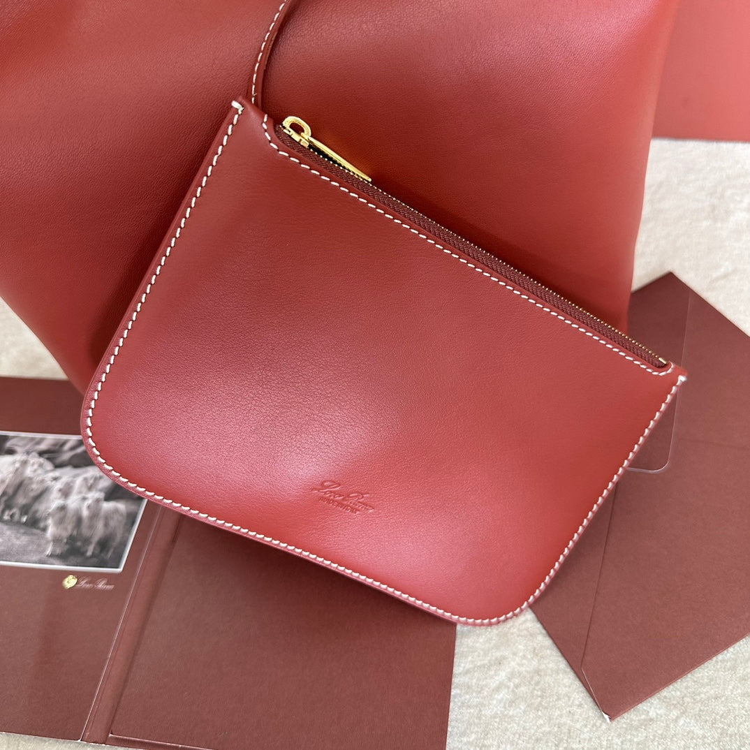 Loro Piana Medium 36 Bag in Vermilion Red Calfskin with Gold Hardware