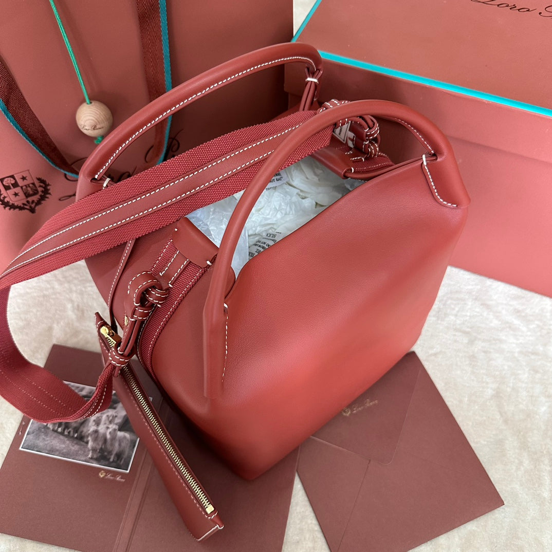 Loro Piana Medium 36 Bag in Vermilion Red Calfskin with Gold Hardware
