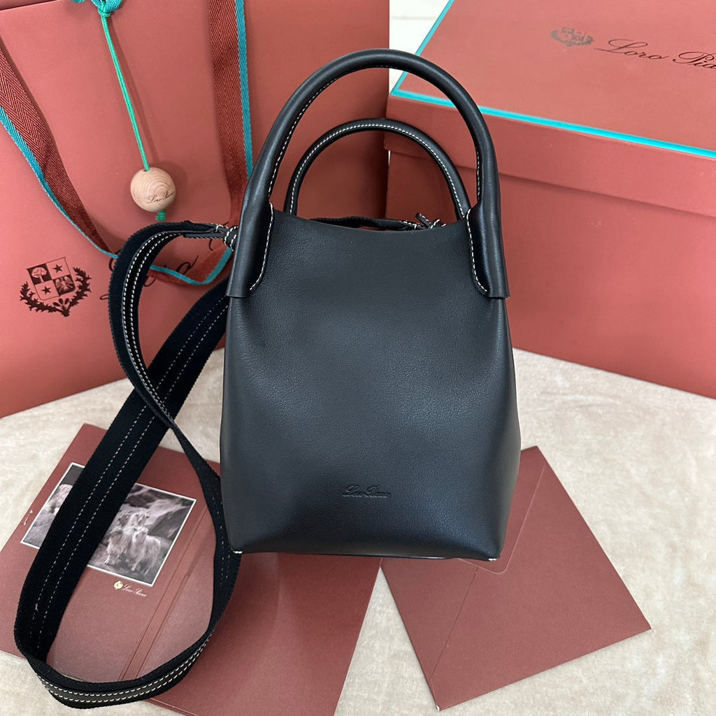 Loro Piana Small 21 Bale Bag in Full Black Grained Calfskin with Gold Hardware