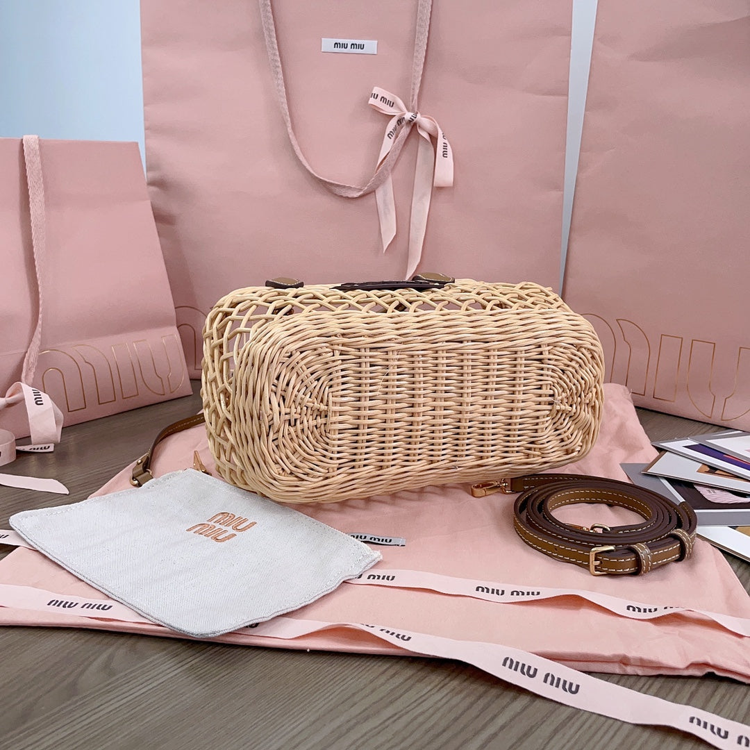 Woven Hollow Bag 24 in Beige Rattan and Brown Calfskin Trim