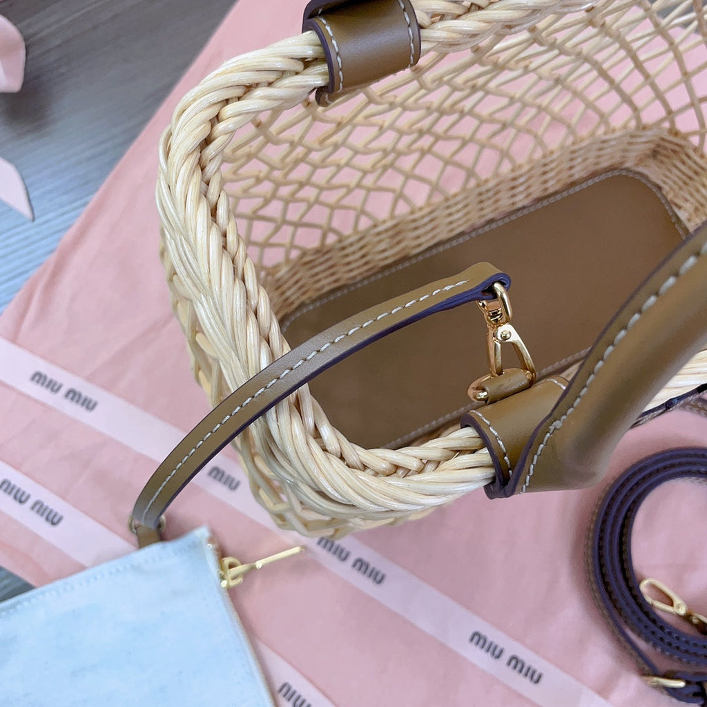 Woven Hollow Bag 24 in Beige Rattan and Brown Calfskin Trim