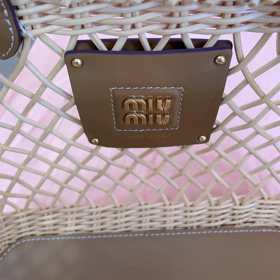 Woven Hollow Bag 24 in Beige Rattan and Brown Calfskin Trim