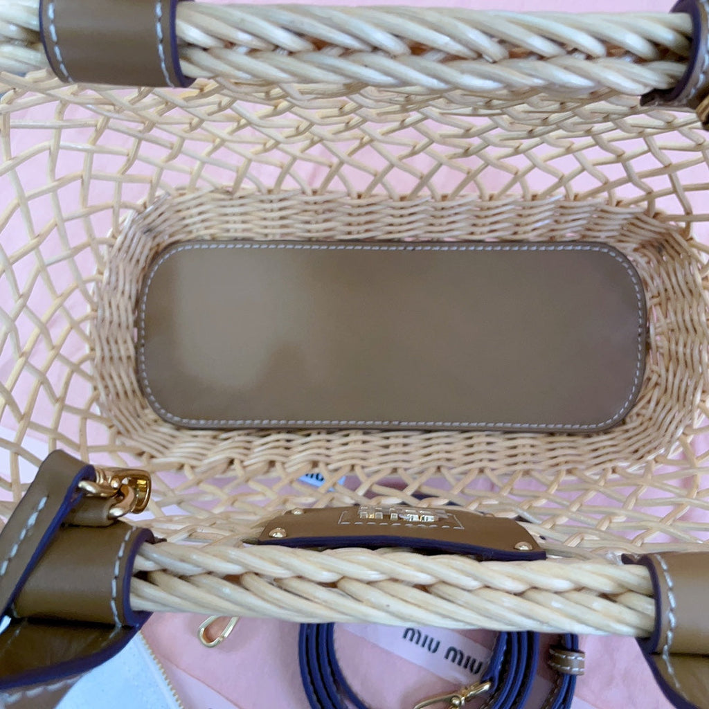 Woven Hollow Bag 24 in Beige Rattan and Brown Calfskin Trim