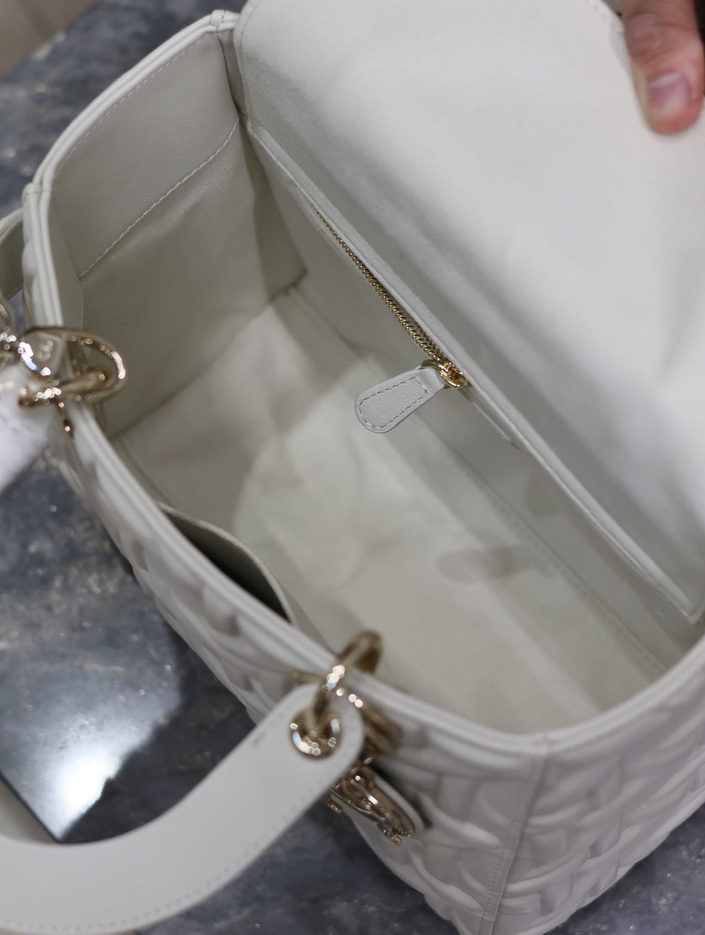Dior Lady Bag 24 in White Graphic Cannage Calfskin Pale Gold-Finish Metal Charms