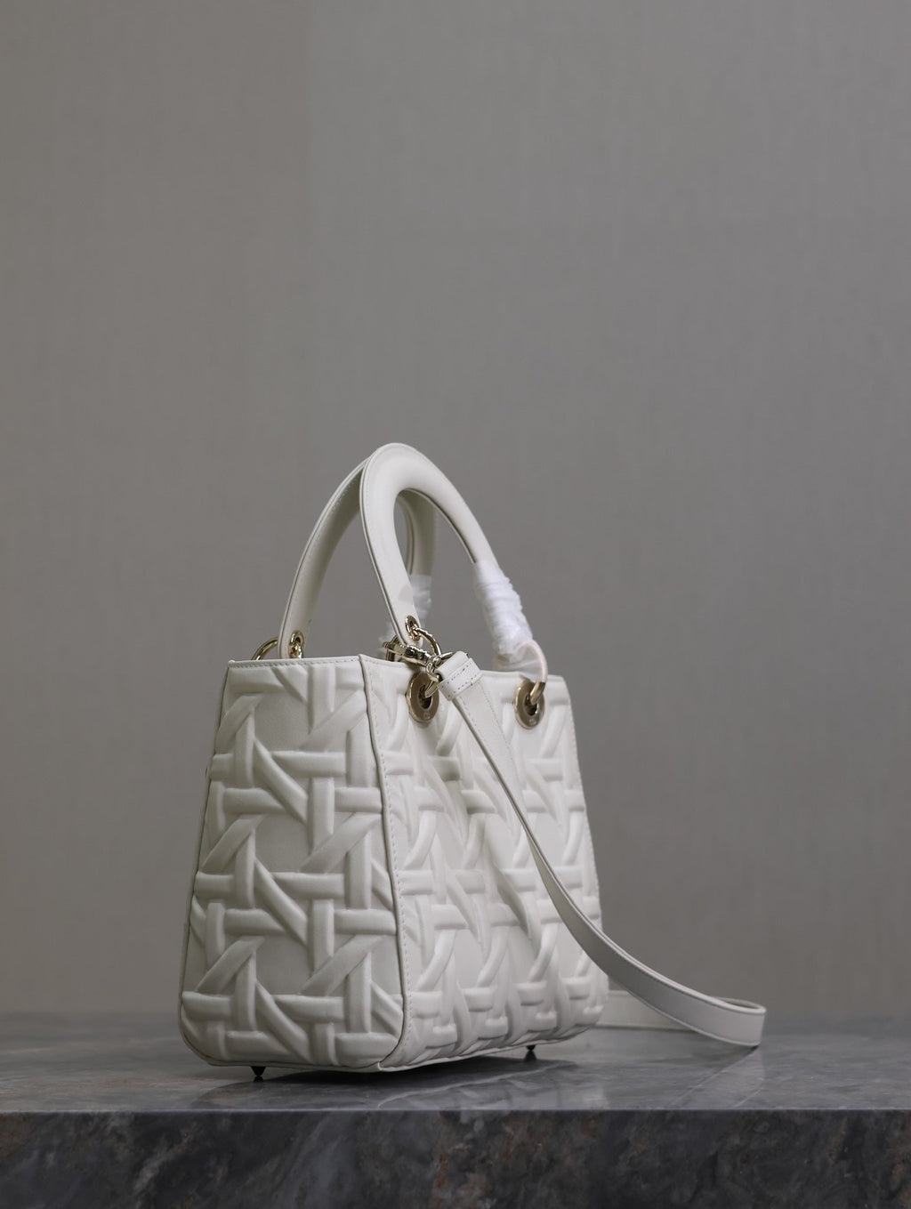 Dior Lady Bag 24 in White Graphic Cannage Calfskin Pale Gold-Finish Metal Charms