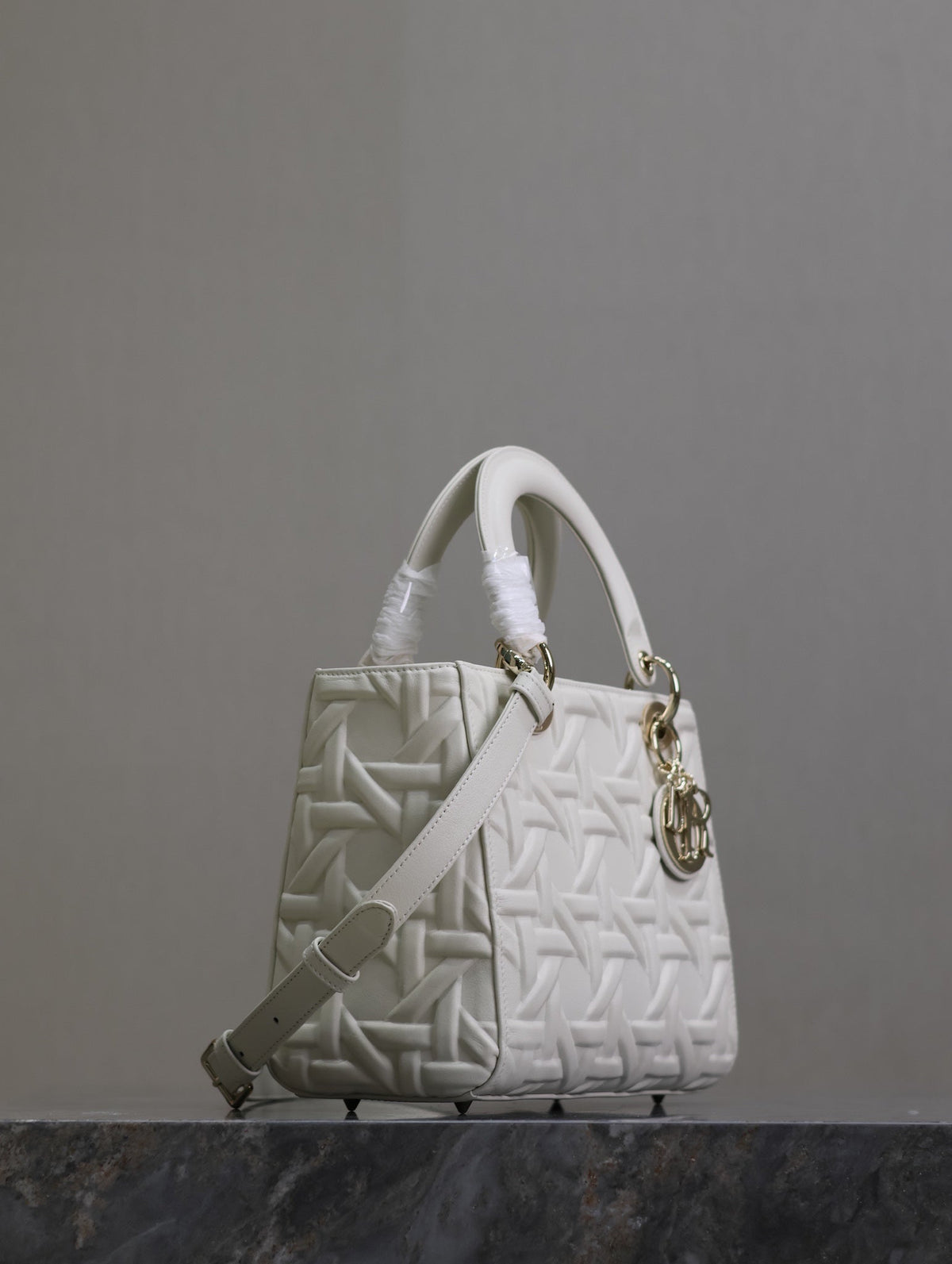 Dior Lady Bag 24 in White Graphic Cannage Calfskin Pale Gold-Finish Metal Charms