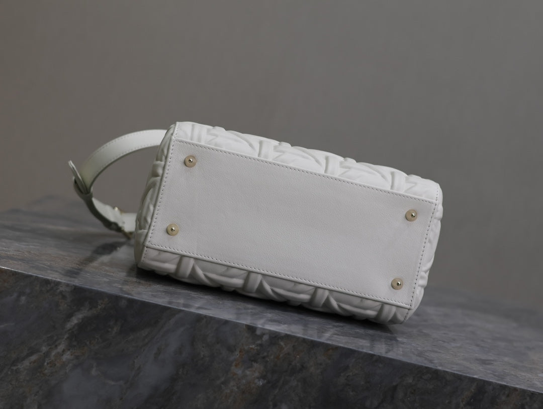 Dior Lady Bag 24 in White Graphic Cannage Calfskin Pale Gold-Finish Metal Charms