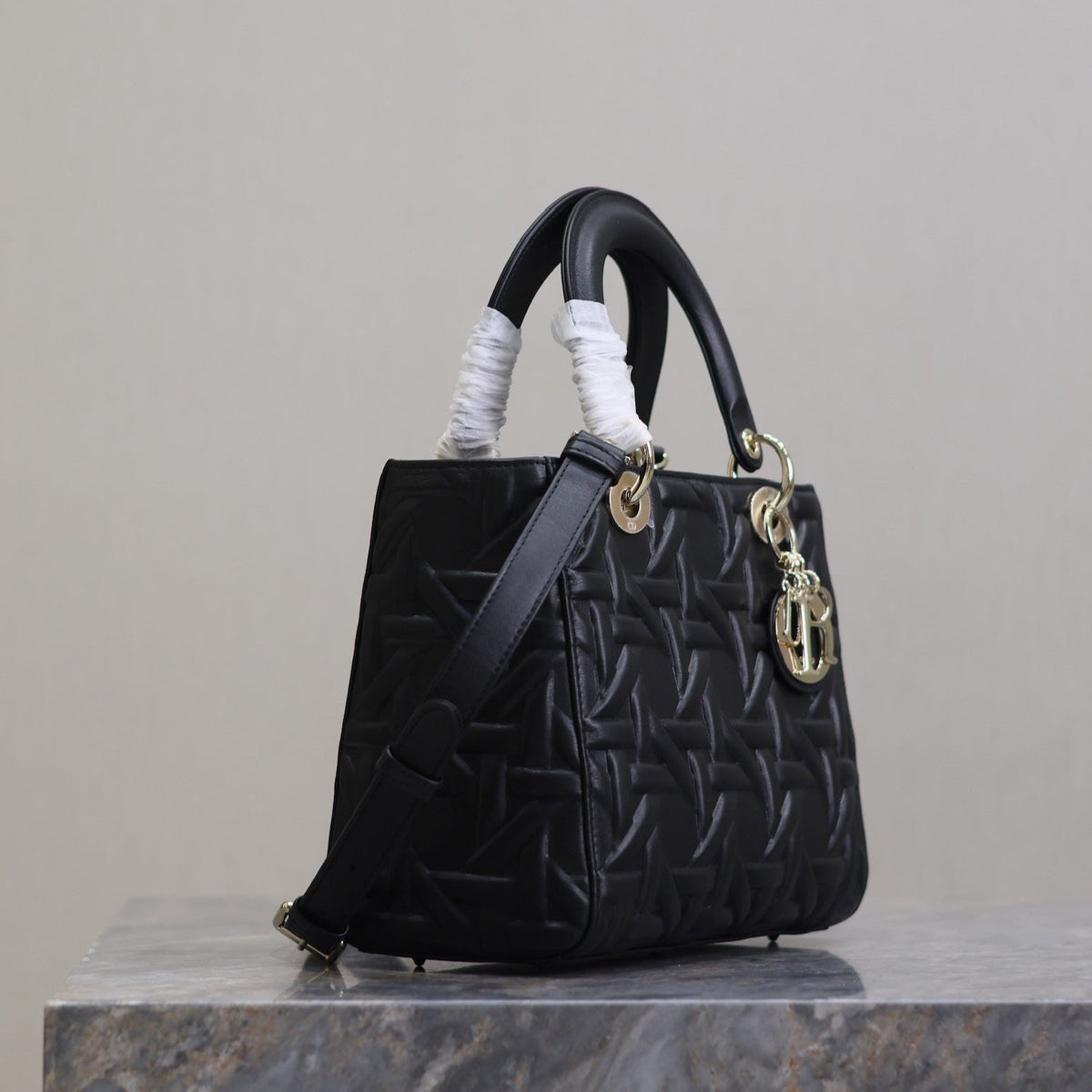 Dior Lady Bag 24 in Black Graphic Cannage Calfskin Pale Gold-Finish Metal Charms