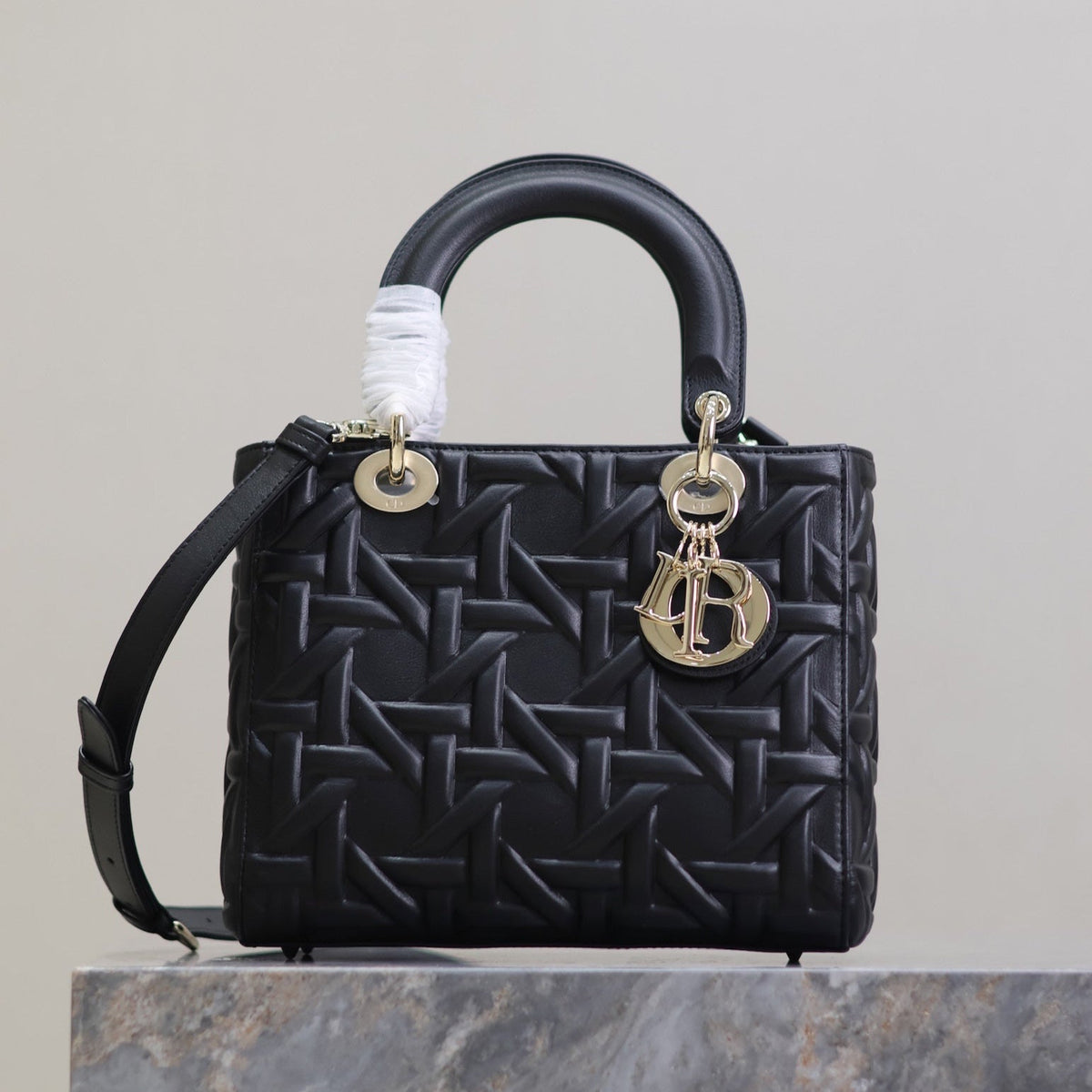 Dior Lady Bag 24 in Black Graphic Cannage Calfskin Pale Gold-Finish Metal Charms