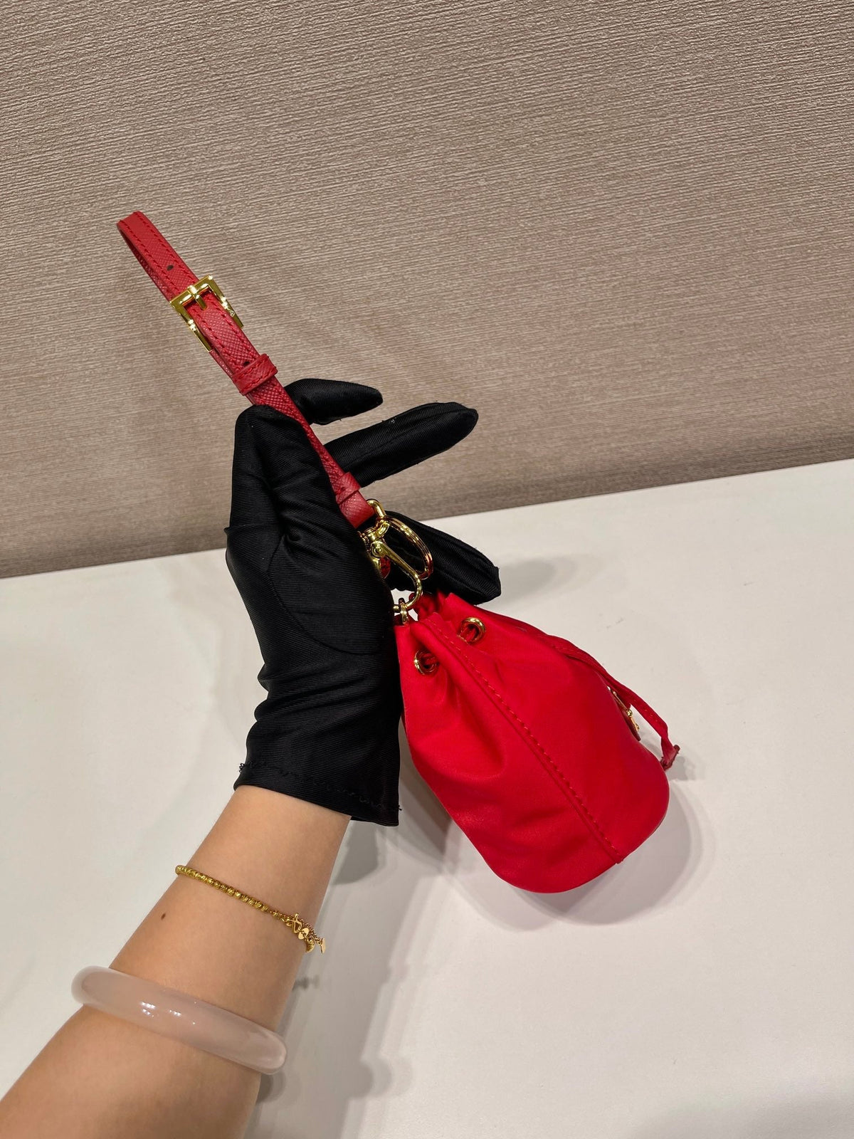 Prada Mini Bucket Bag 10 in Red Re-Nylon and Saffiano Leather Strap